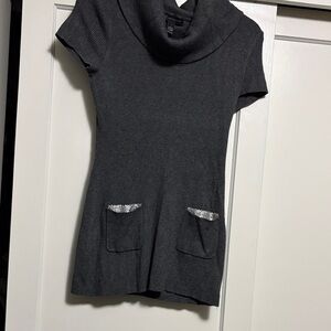 Gray Cowl Neck Sweater Tunic with Pocket Details